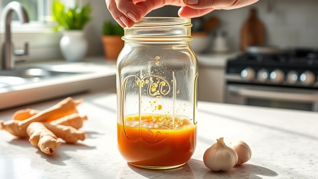 process: Hands shaking a glass mason jar containing Oriental dressing ingredients, bright kitchen counter, natural sunlight streaming across the work surface, fresh ginger and garlic visible beside jar
