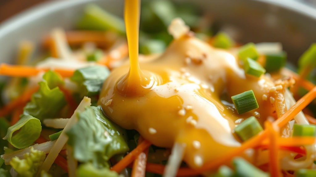 detail: Close-up of creamy golden Oriental dressing being drizzled over crisp salad greens and shredded vegetables, shallow depth of field, sesame seeds and green onions visible on top, natural lighting