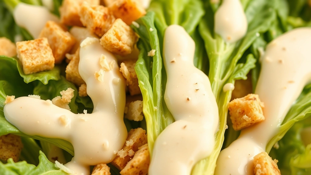 detail: close-up of romaine lettuce leaves coated in creamy Caesar dressing with crouton and cheese shaving, photorealistic, natural light, no text
