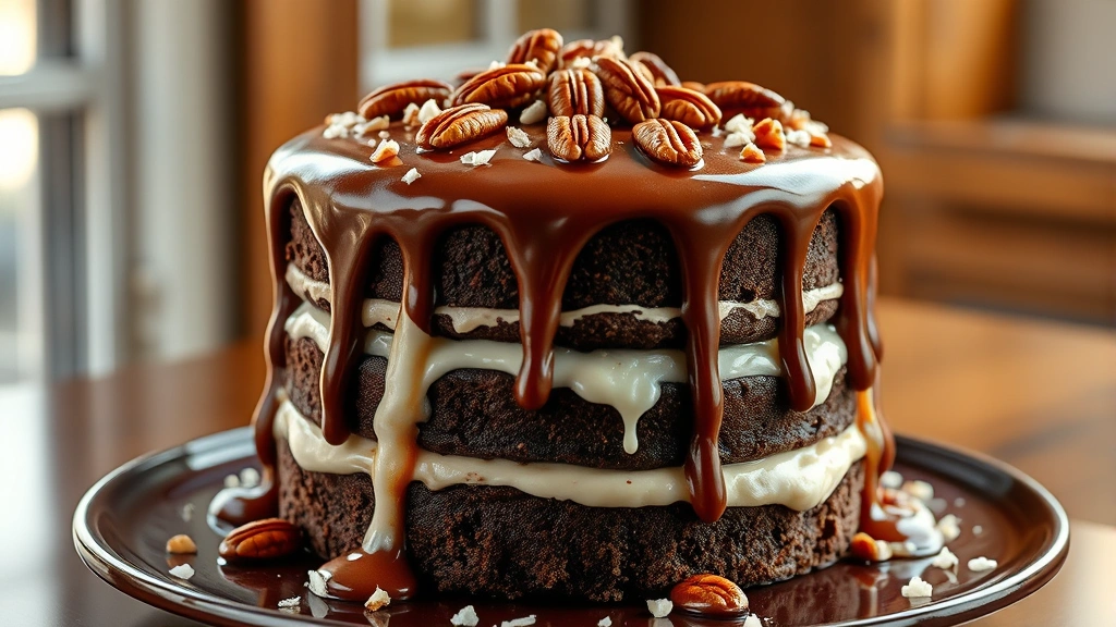 hero: three-layer German chocolate cake with glossy coconut-pecan frosting on top, showing the characteristic gooey topping dripping down the sides, photorealistic, natural window light, no text