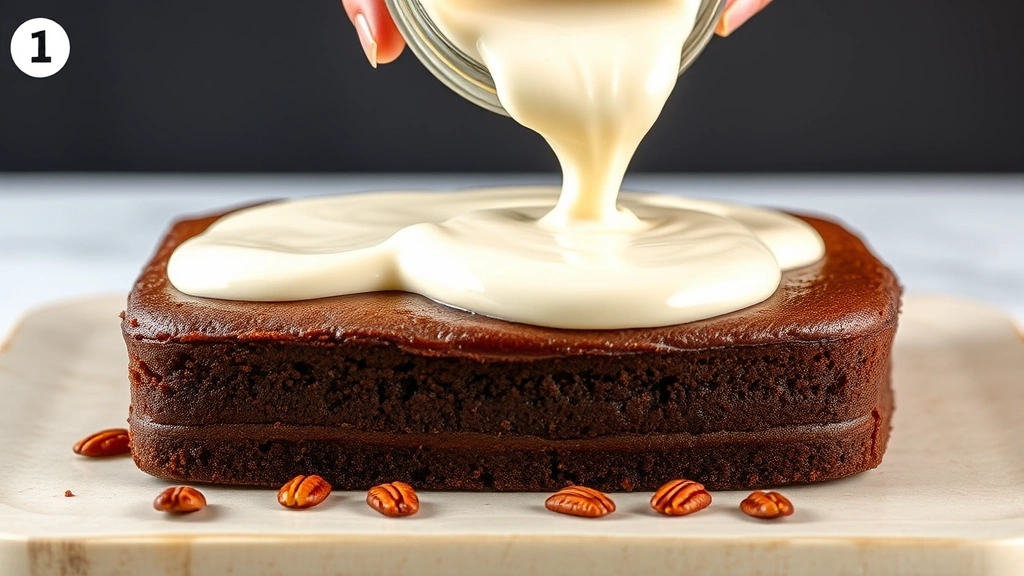 process: hand pouring warm coconut-pecan frosting over cooled chocolate cake layer, showing the glossy texture and pecans, photorealistic, natural light, no text