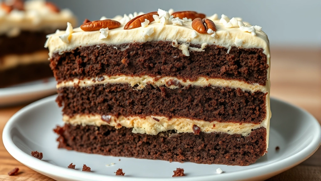 detail: close-up cross-section of German chocolate cake showing three moist chocolate layers with coconut-pecan frosting on top, photorealistic, natural light, no text