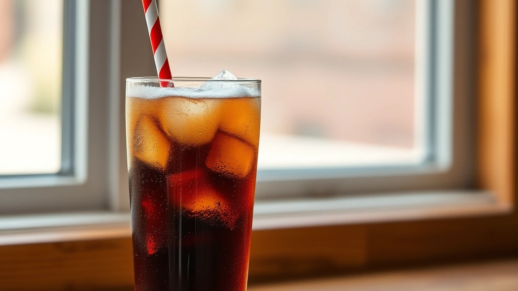 hero: tall glass of ice-cold root beer with dark amber color, condensation on glass, striped paper straw, served in classic glass with vintage aesthetic, photorealistic, natural window lighting, wooden surface background, no text