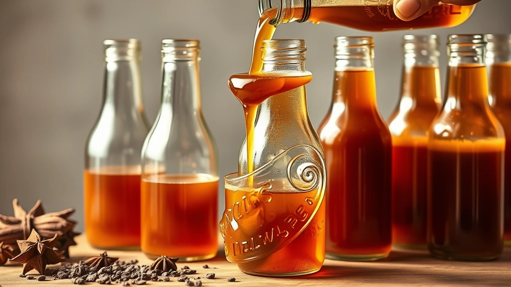 process: pouring strained root beer concentrate into glass bottles, amber liquid flowing, multiple glass bottles lined up, dried spices scattered nearby, photorealistic, warm natural light, no text