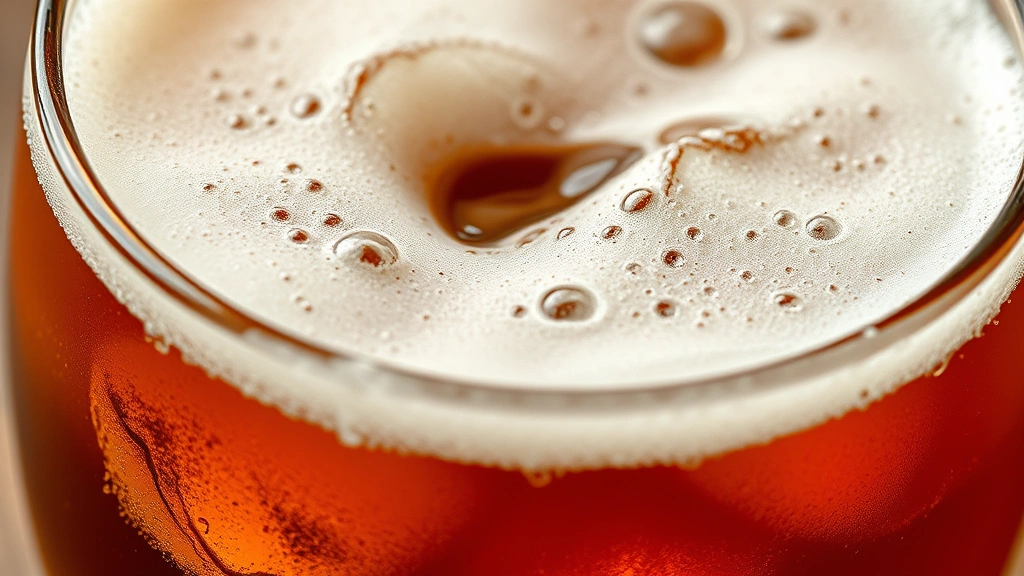 detail: close-up of root beer with foam head and bubbles, ice cubes visible through glass, rich amber color, photorealistic, macro photography, natural light, no text