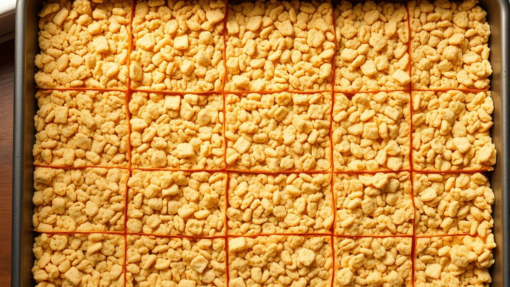 hero: golden-brown Rice Krispie treats cut into perfect squares in a 9x13 pan, marshmallowy interior visible on cut edges, warm natural window light, close-up overhead shot, no text