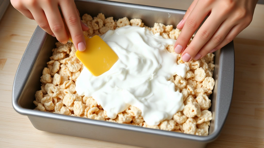 process: hands using a buttered spatula pressing Rice Krispies cereal mixture into a baking pan, marshmallow coating visible, natural daylight, action shot, no text