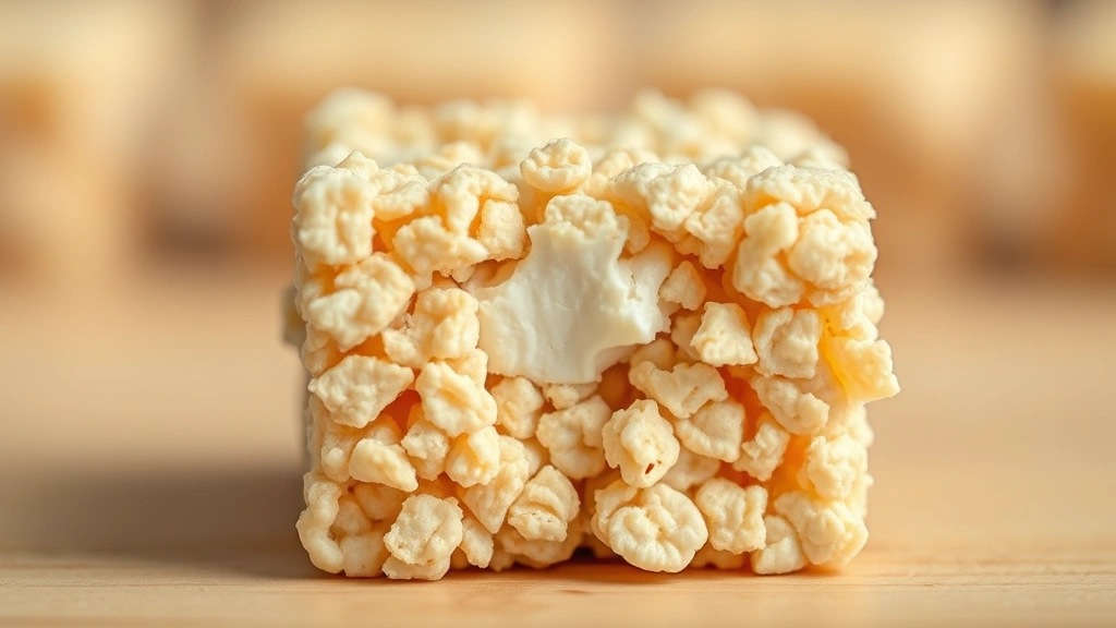 detail: single Rice Krispie treat square showing crispy cereal texture and marshmallow interior, cut surface prominently displayed, shallow depth of field, warm natural lighting, no text