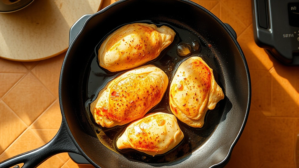 process: chicken searing in cast iron skillet with golden crust forming, hot oil sizzling, overhead perspective, warm natural lighting, professional kitchen setting