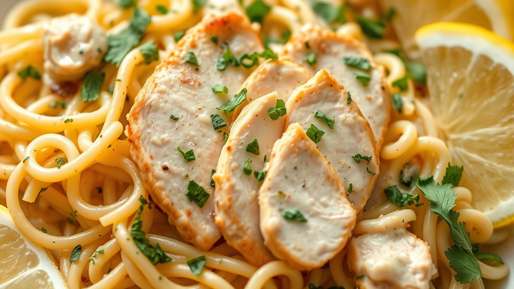 detail: close-up of orzo pasta coated in creamy sauce with sliced chicken, fresh herbs scattered on top, macro photography, natural diffused light, food styling with lemon wedges