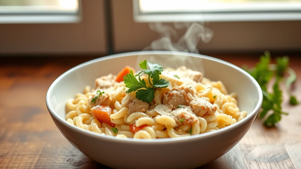 hero: creamy chicken orzo in a white bowl, garnished with fresh parsley and Parmesan, warm steam rising, soft natural window light, wooden table background