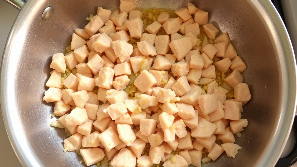 process: diced chicken cooking in a large skillet with onions and garlic, golden brown pieces, stainless steel pan, natural daylight from above