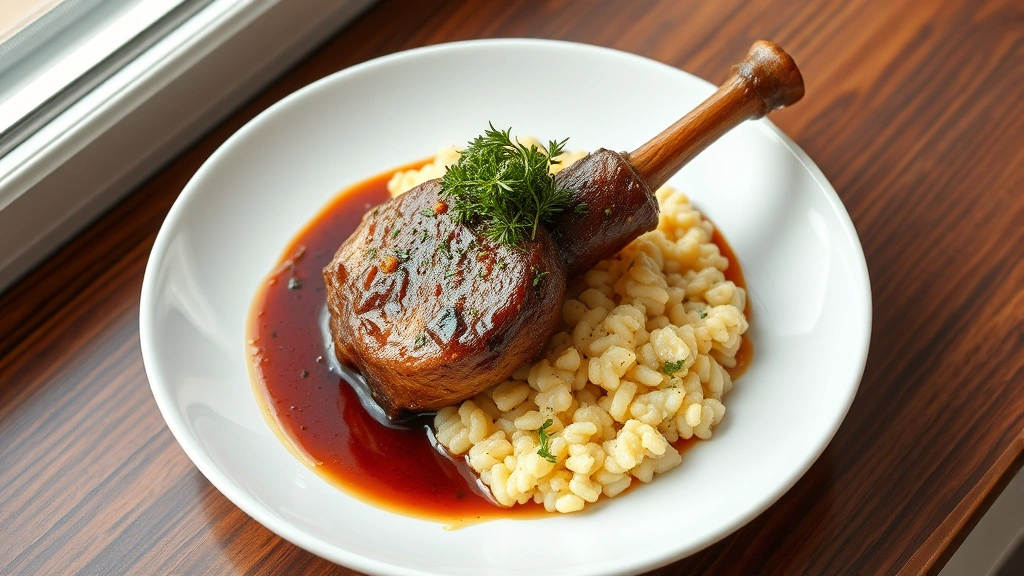 hero: osso bucco served on white plate with risotto, gremolata garnish on top, braising sauce pooling around veal shank, photorealistic, natural window light, no text
