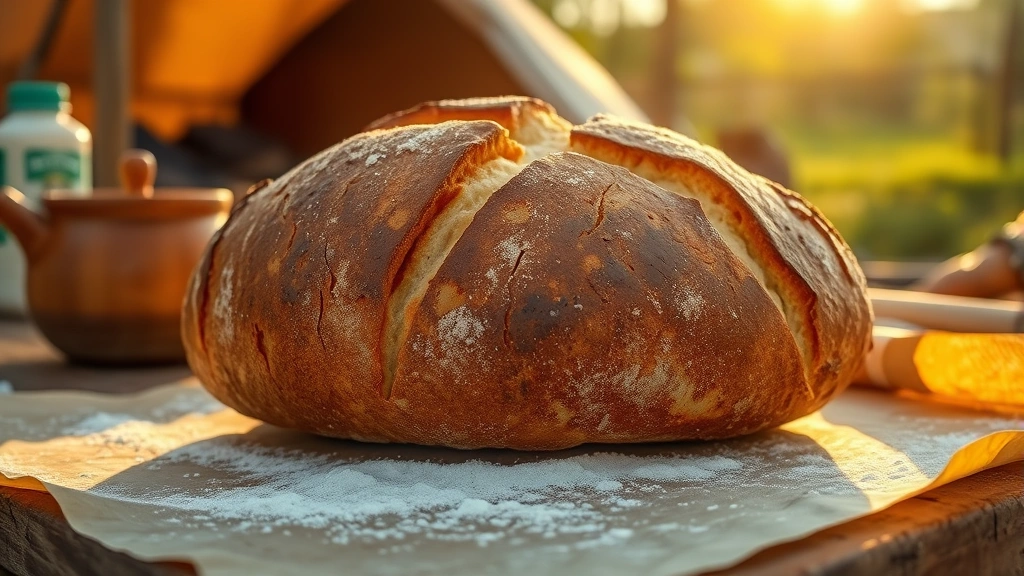 hero: rustic crusty bread loaf with deep golden-brown crust, dramatic scoring marks, sitting on parchment paper with flour dusting, natural sunlight streaming across, outdoor setting with camping elements blurred in background, photorealistic, warm tones, no text