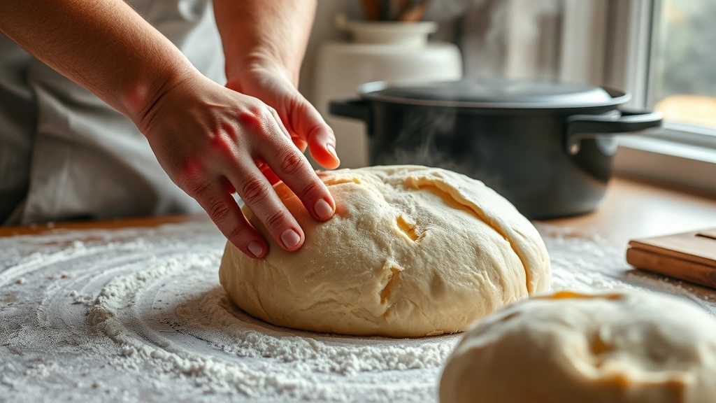 process: hands shaping wet dough on floured surface, Dutch oven visible in background, steam rising, action shot of bread being transferred, natural daylight from window, close-up of dough texture, photorealistic, no text