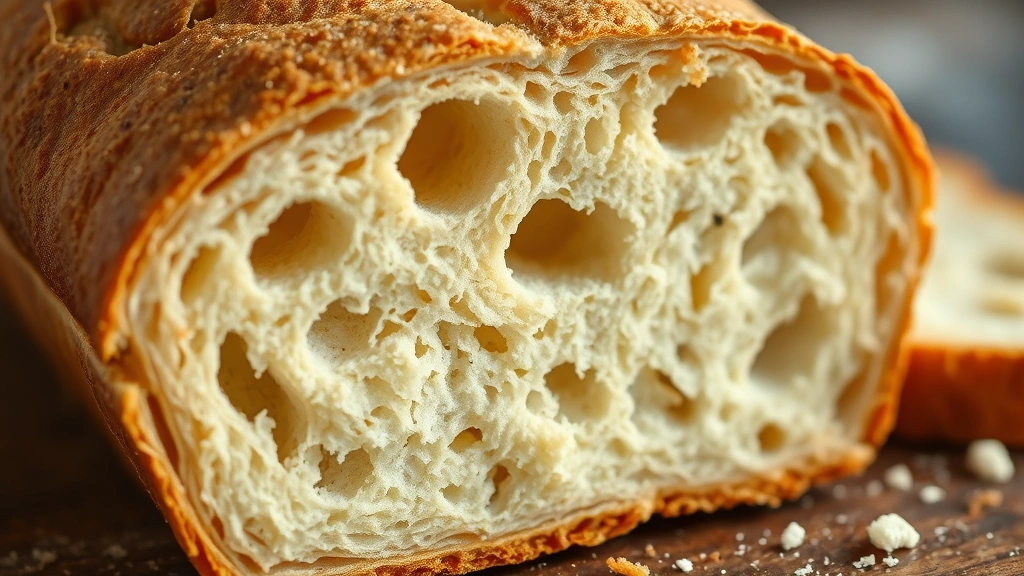 detail: cross-section of sliced bread showing open crumb structure with irregular holes, crispy golden crust in sharp focus, warm interior visible, crumbs scattered artfully, natural light highlighting texture, macro photography, photorealistic, no text