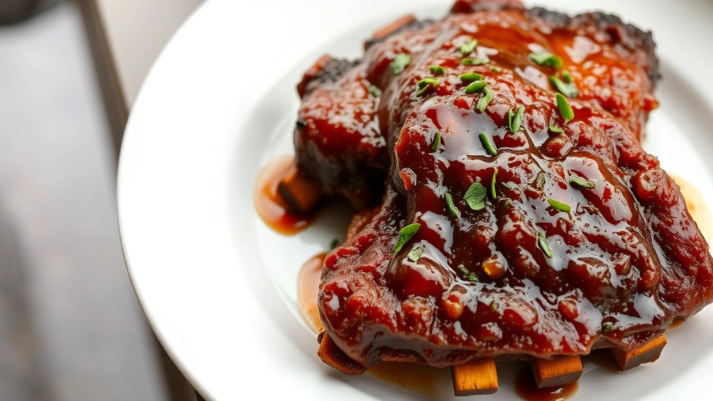 hero: perfectly cooked oven baked beef ribs on a white plate, glistening with glaze, garnished with fresh herbs, photorealistic, natural window lighting, no text