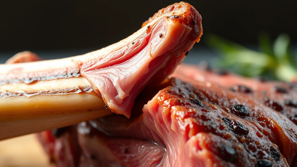 detail: close-up of meat pulling away from bone on beef rib, showing tenderness and texture, macro photography, natural light, photorealistic, no text