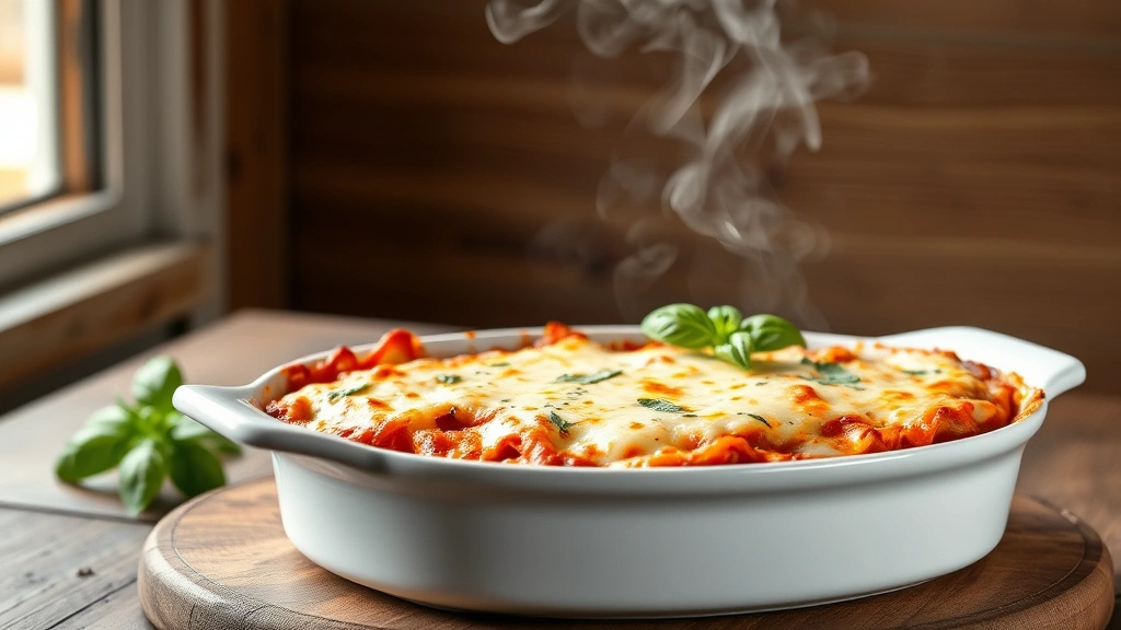hero: baked oven ready lasagna in white ceramic baking dish, melted golden mozzarella cheese on top, steam rising, fresh basil garnish, natural window light, rustic wooden table background, no text
