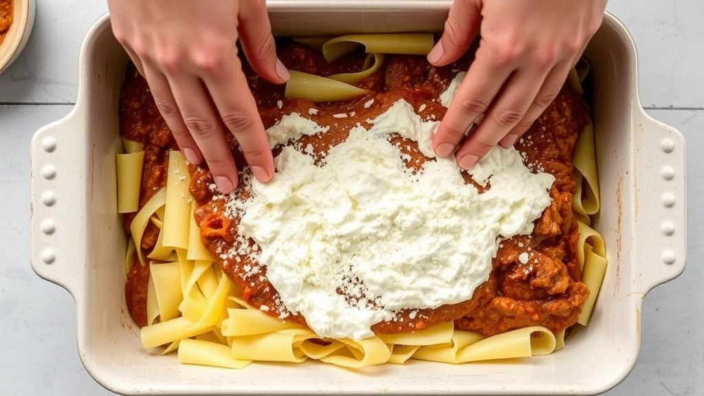 process: hands layering noodles and ricotta mixture in baking dish, meat sauce visible, overhead shot, natural kitchen light, clean work surface, no text