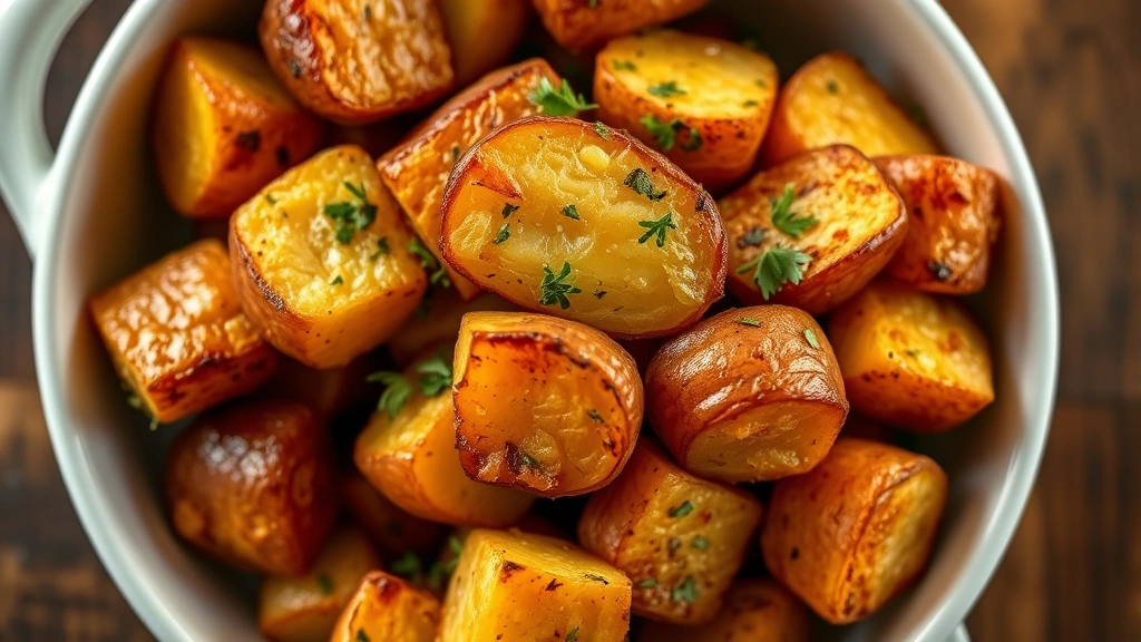 hero: golden crispy oven roasted red potatoes with fresh herbs in a white ceramic serving bowl, photorealistic, warm natural light, overhead shot, no text