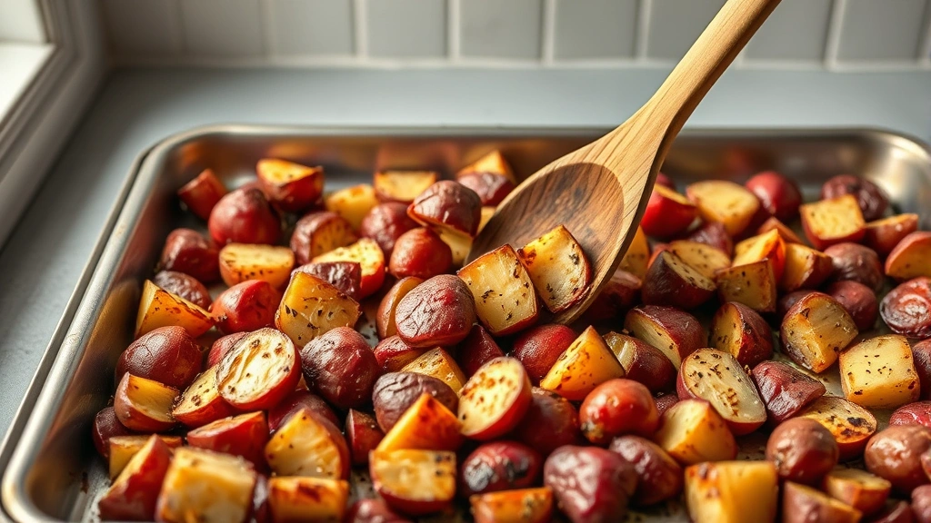 process: tossing roasted red potatoes on a baking sheet with wooden spoon mid-roast, photorealistic, bright kitchen lighting, no text