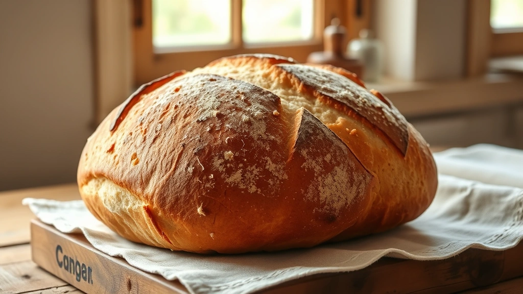 hero: golden-brown artisanal loaf of bread with scored crust, crusty exterior, steam visible, sitting on wooden board with linen cloth, natural window light, rustic farmhouse setting, no text