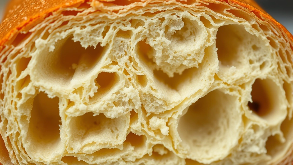 detail: close-up cross-section of sliced bread showing open crumb structure and air pockets, fluffy interior, crusty golden exterior, sharp focus on texture, warm natural lighting, no text