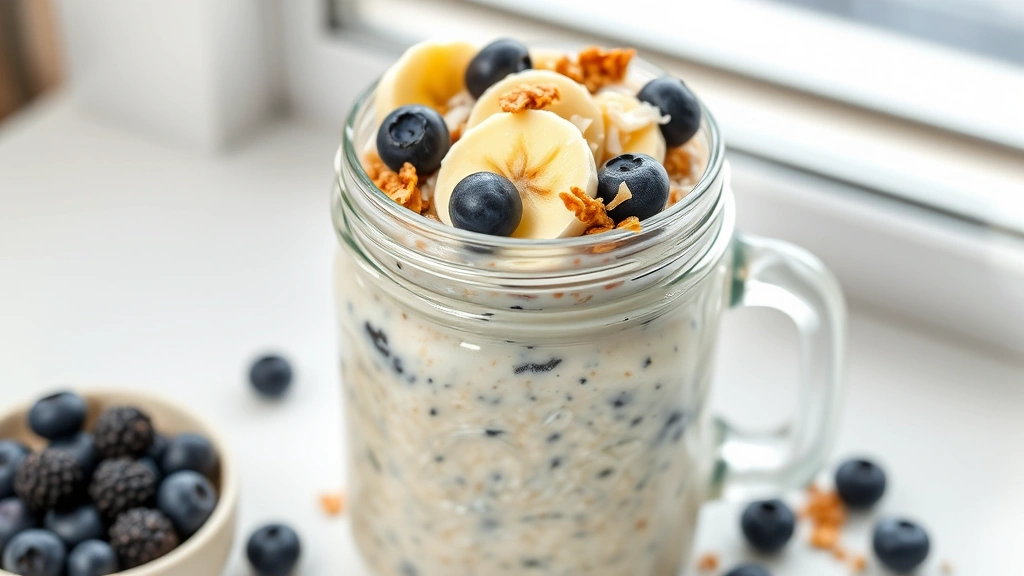 hero: glass mason jar filled with creamy overnight oats topped with fresh blueberries, sliced banana, granola, and shredded coconut, photorealistic, natural morning window light, clean white background, no text