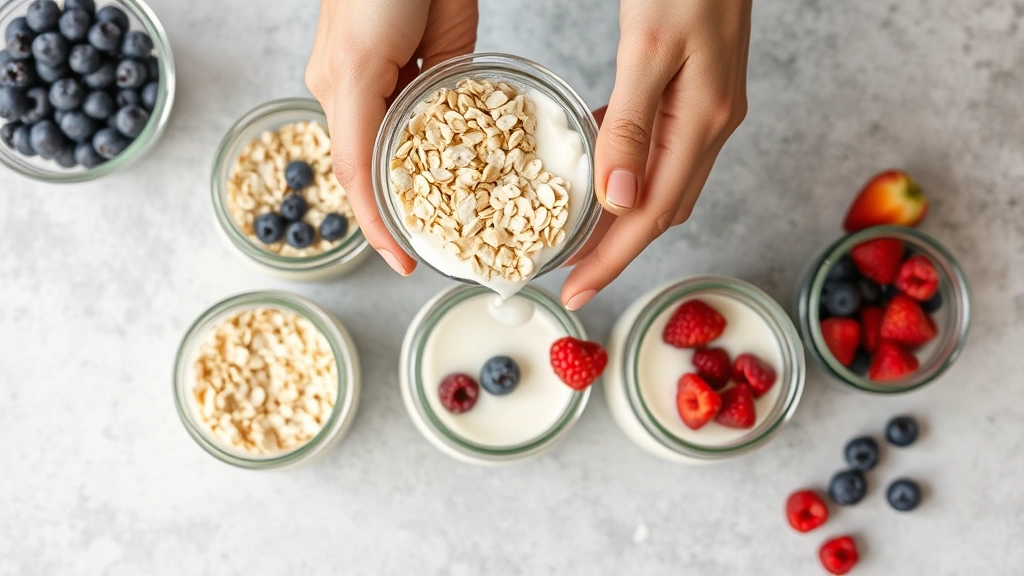 process: overhead shot of hands layering oats and yogurt mixture into glass jars with fresh berries visible, photorealistic, bright natural light, no text