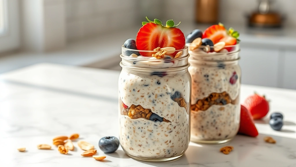 hero: two mason jars filled with creamy overnight oats topped with fresh blueberries, strawberries, granola, and sliced almonds, displayed on a white marble countertop with natural morning sunlight, photorealistic, natural light, no text