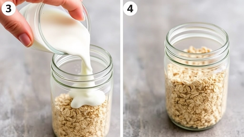 process: hand pouring Greek yogurt mixture into a clear mason jar filled with rolled oats, mid-action shot showing the mixture being combined, photorealistic, natural light, no text