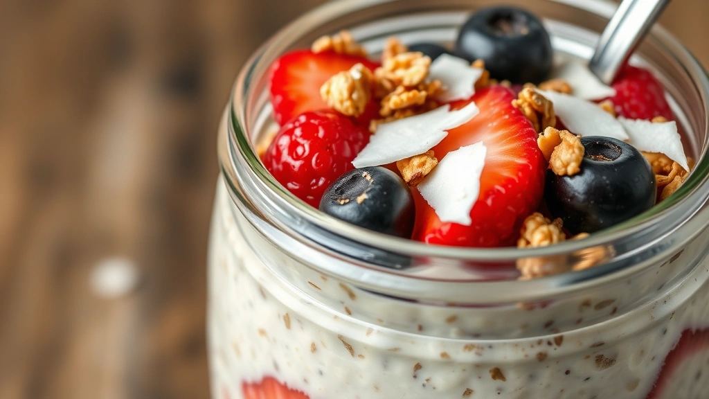 detail: close-up of finished overnight oats showing layers of creamy oats, fresh berries, granola, nuts, and coconut flakes, spoon visible in the jar, photorealistic, natural light, no text