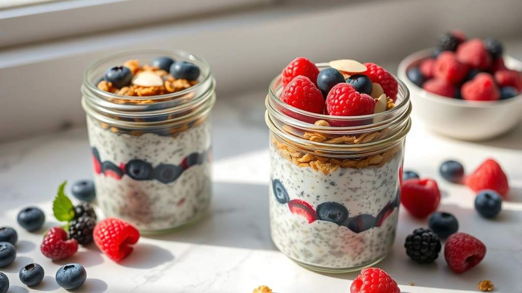 hero: two glass mason jars filled with overnight oats topped with fresh blueberries, raspberries, sliced almonds and granola, natural morning light, styled on white marble counter with fresh berries scattered around