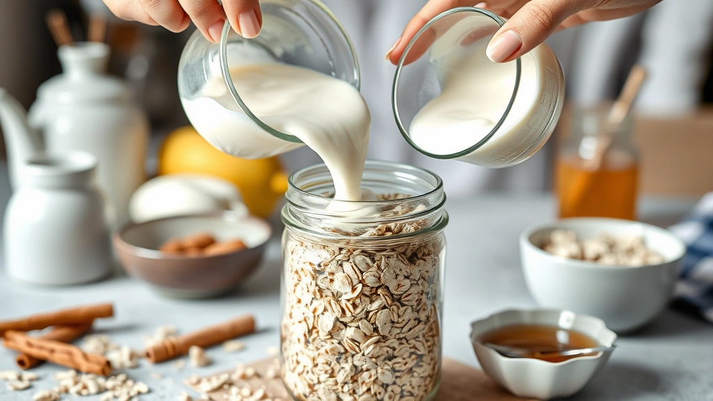 process: hands pouring creamy yogurt mixture over rolled oats in glass jar, cinnamon and honey visible, morning kitchen setting with ingredients surrounding jar