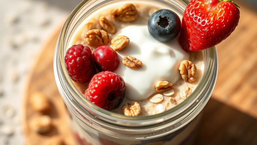 detail: close-up overhead shot of finished overnight oats in jar showing layers of oats, yogurt, fresh berries, and nuts with natural sunlight creating shadows, macro photography