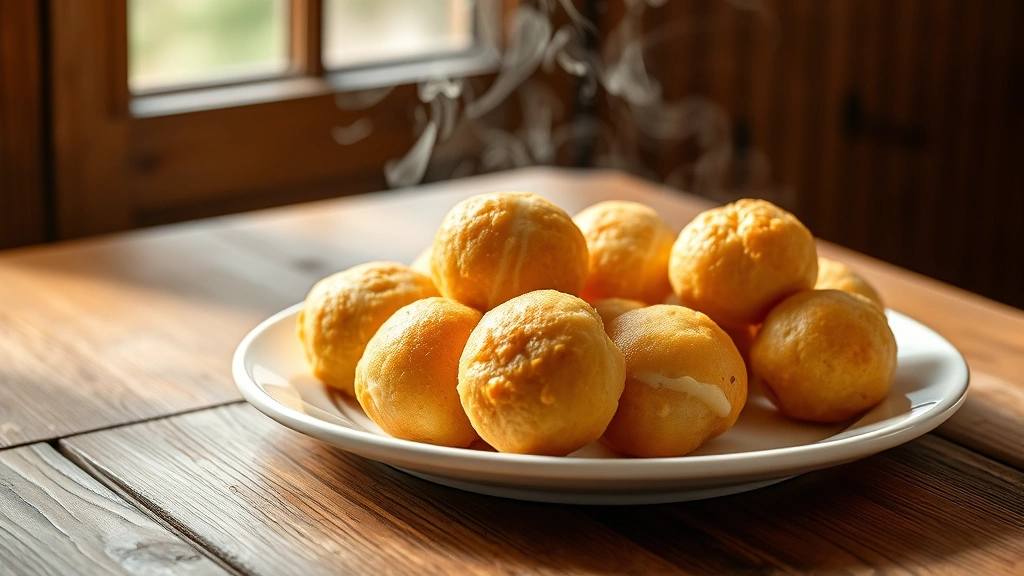 hero: golden-brown pão de queijo puffs on a white plate, steam rising, melted cheese visible, rustic wooden table background, warm natural window light, no text, professional food photography