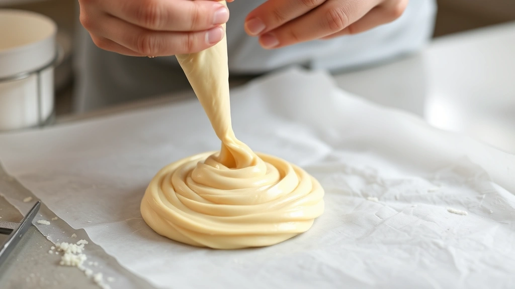 process: hands piping pão de queijo batter onto parchment paper, creamy batter close-up, bright kitchen lighting, in-progress shot showing texture of raw batter