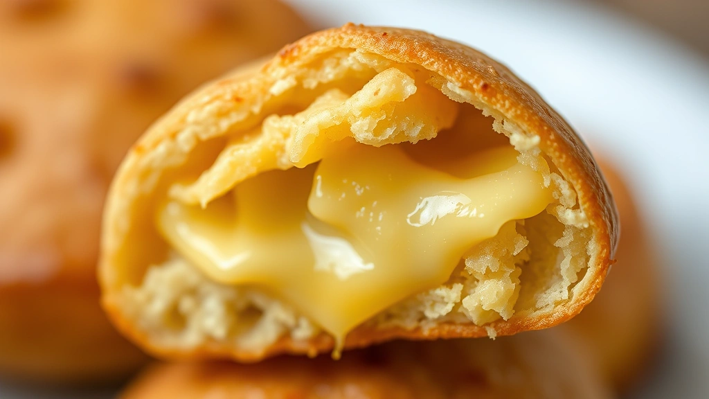 detail: cross-section of warm pão de queijo showing chewy interior and melted cheese, close-up macro shot, shallow depth of field, golden-brown exterior, no text