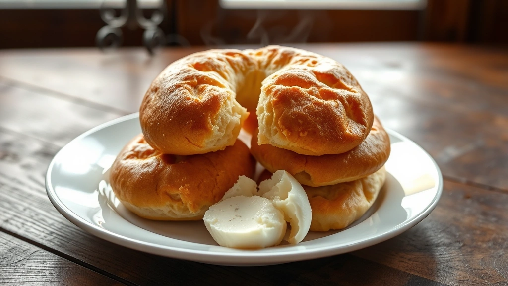 hero: golden-brown pan de bono piled on a white plate with steam rising, fresh mozzarella visible where broken open, natural window light, rustic wooden table background, no text or watermarks