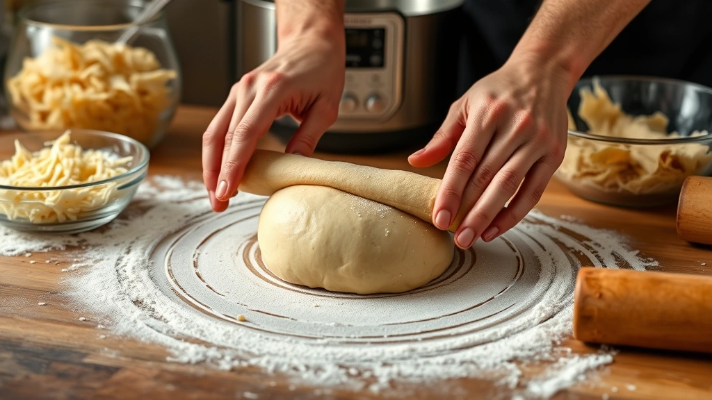 process: hands rolling warm dough into smooth ball, bowl of shredded cheese and dough visible, oil pot in background, photorealistic, warm kitchen lighting, no text