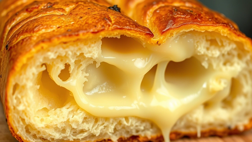 detail: cross-section of pan de bono showing melted cheese stretching, crispy golden exterior, creamy interior, close-up macro shot, natural light, no text or labels