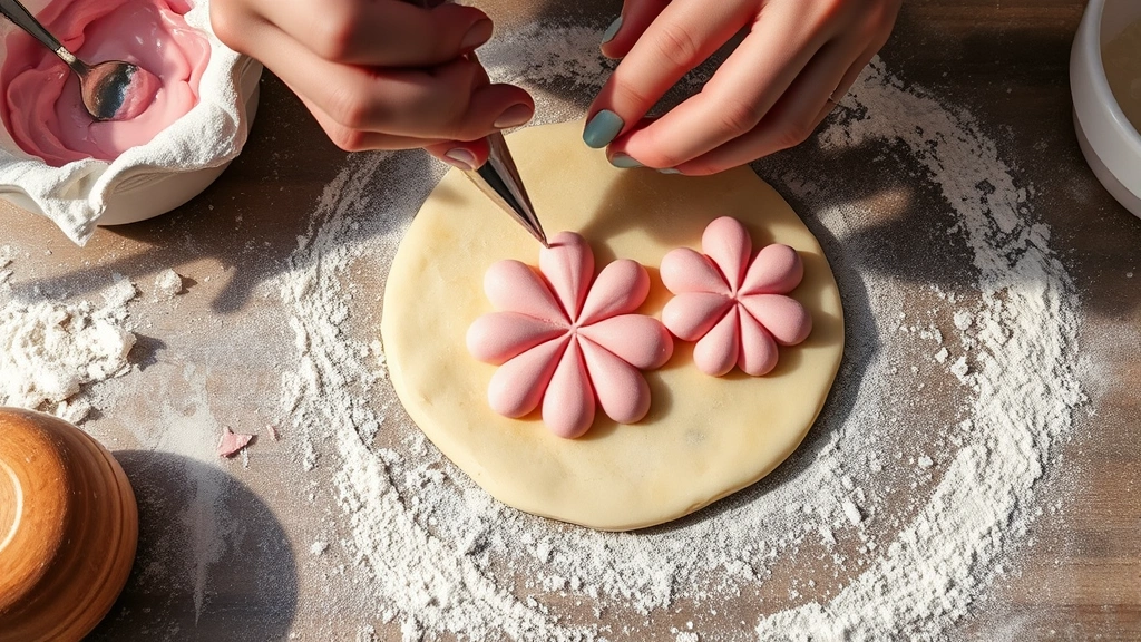 process: hands piping pink sugar paste onto dough ball to create shell pattern, photorealistic, bright natural light from above, flour dusted work surface, no text