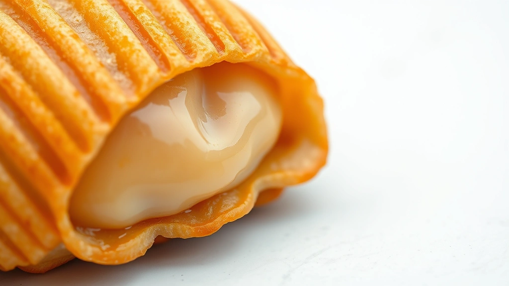 detail: close-up of finished golden-brown concha with caramelized sugar paste shell design and flaky texture, photorealistic, soft natural light, no text