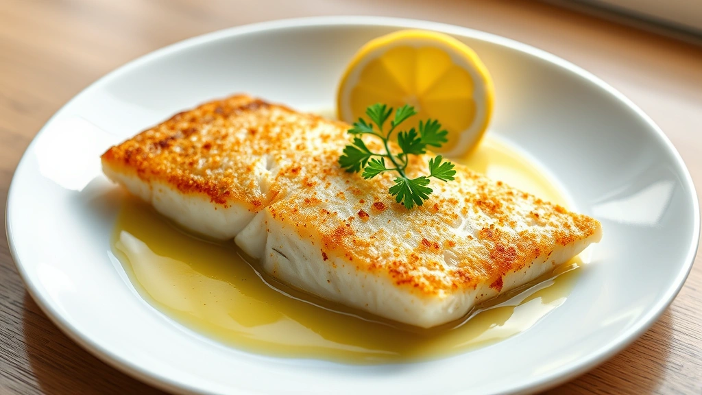 hero: perfectly pan fried cod fillet with golden crispy crust, lemon wedge, fresh parsley garnish on white plate, butter sauce pooling around fish, natural window light, minimalist plating, photorealistic, no text