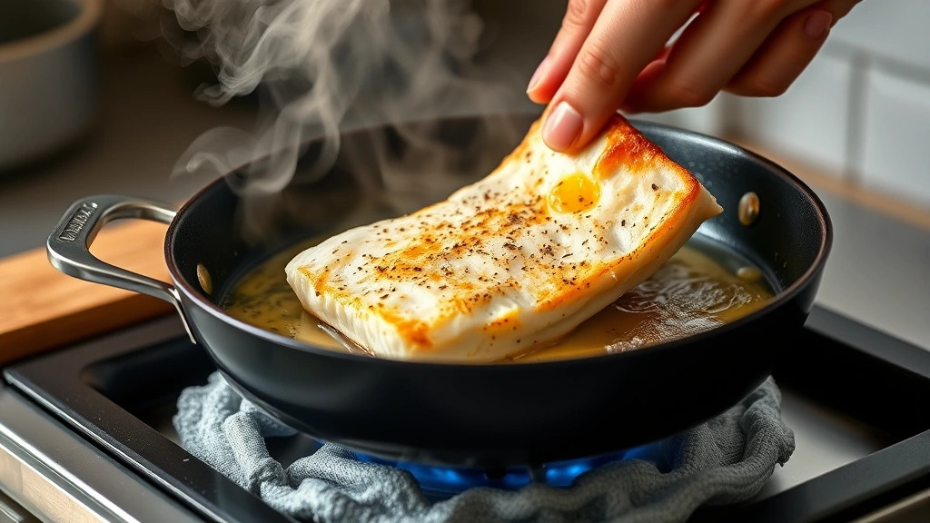 process: hand flipping golden cod fillet in hot skillet with foaming butter and garlic, steam rising, action shot, photorealistic natural light, no text