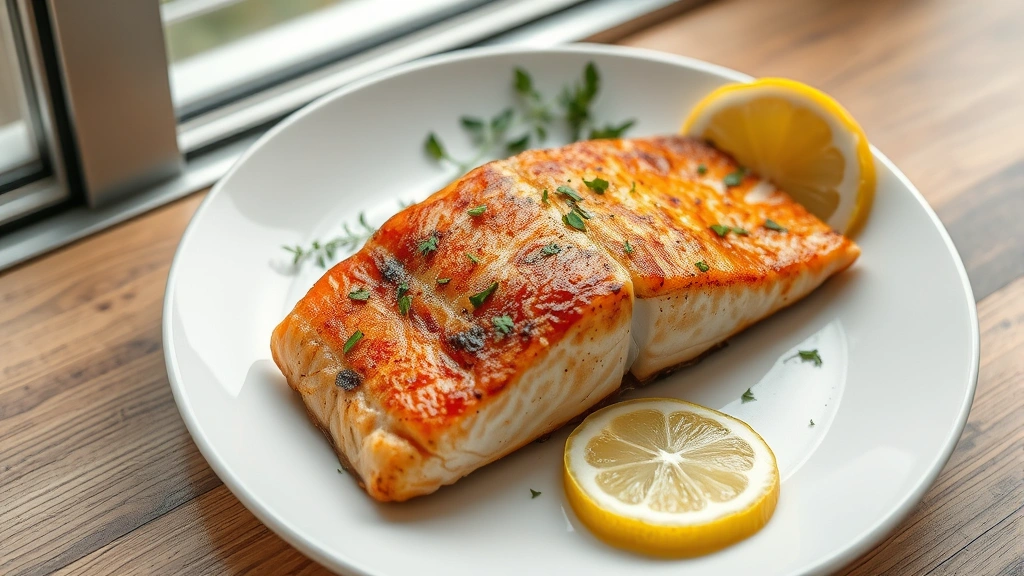 hero: golden-brown pan fried salmon fillet with crispy skin, fresh herbs and lemon garnish on white plate, natural window light, overhead view, photorealistic, no text