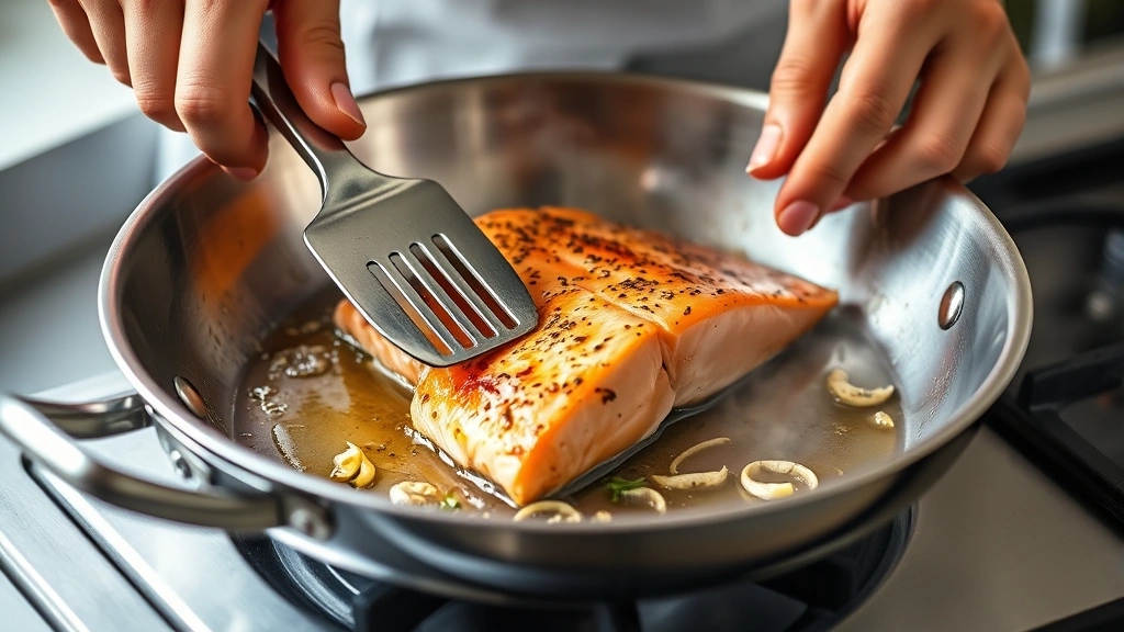 process: hands using spatula to flip salmon in stainless steel skillet with garlic and oil, golden crust visible, steam rising, natural kitchen light, photorealistic, no text