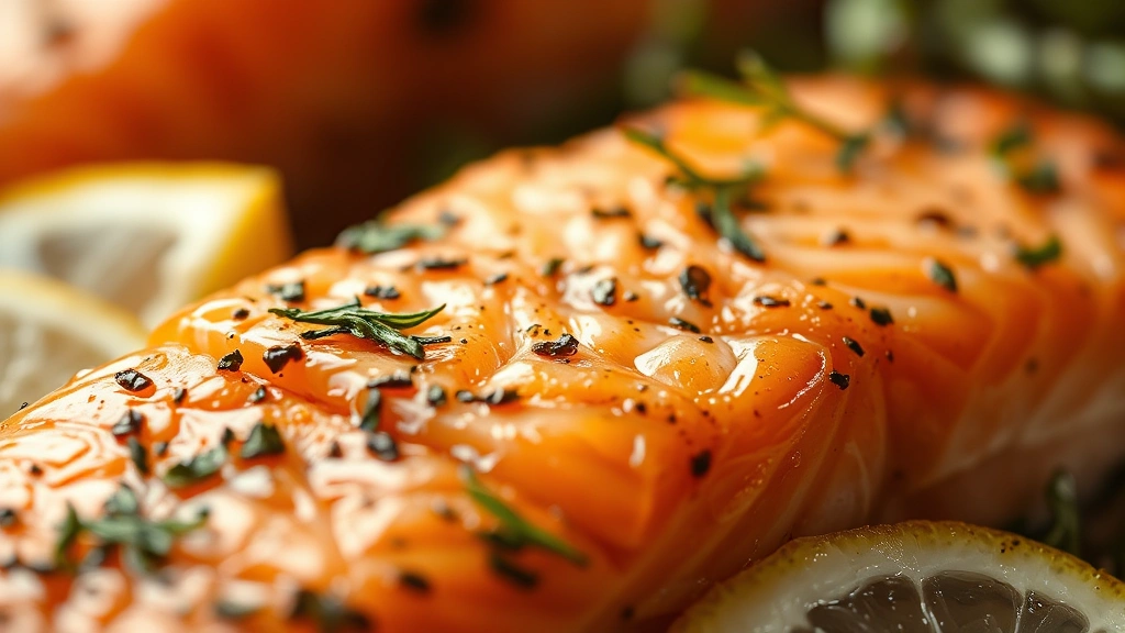 detail: close-up of crispy salmon skin with herbs and lemon juice droplets, shallow depth of field, warm natural light, photorealistic, no text
