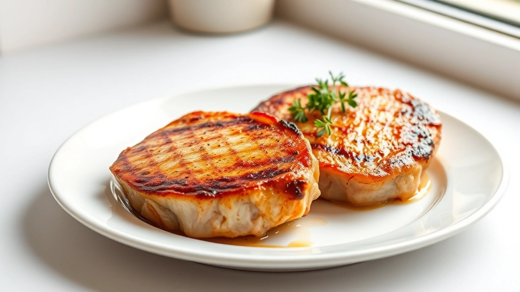 hero: golden-brown pan-seared pork chops on white plate with fresh thyme garnish, photorealistic, natural window lighting, no text
